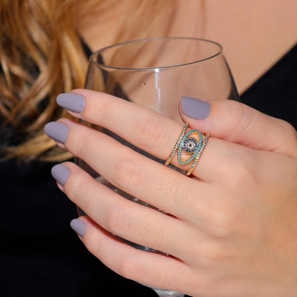 Anel Olho Grego com Pedras de Zircônia Folheado Ouro 18K